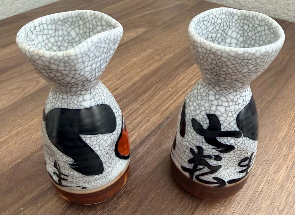 Set of 2 Japanese Ceramic Sake Tokkuri Carafes with Crackle Glaze and Calligraph